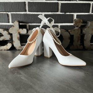 NWOT Chic White Block Heel Pumps with Pearl Detail